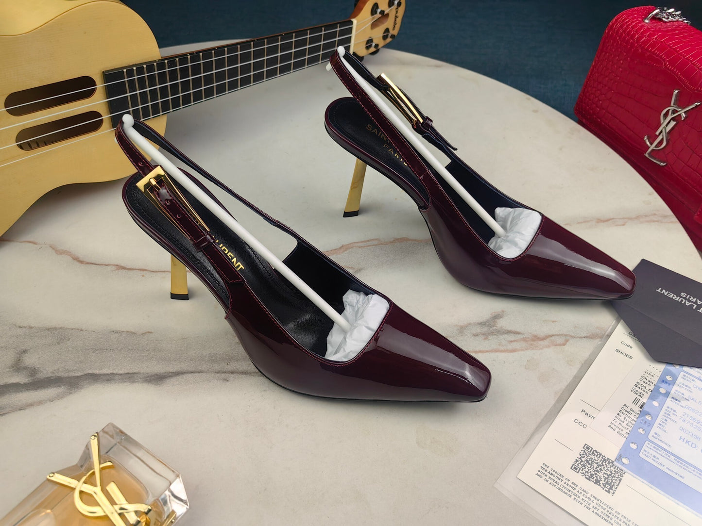 W144 Saint Laurent Stiletto Heel Electroplated Open Back Shoes