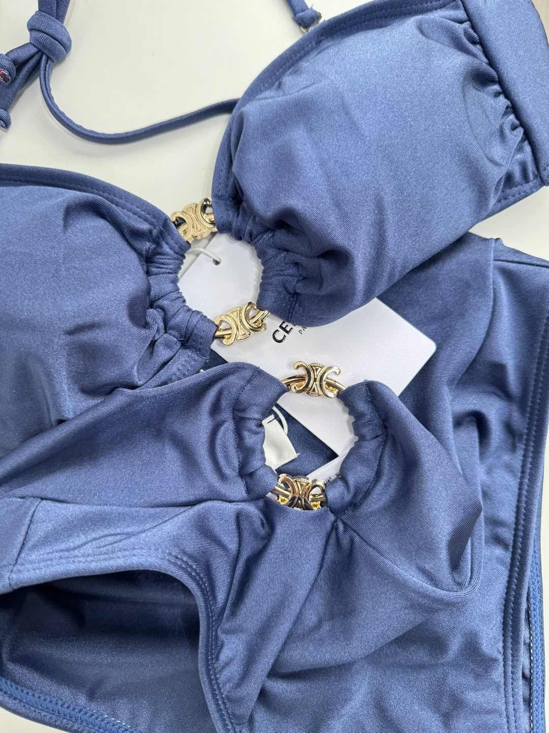 Satin Strapless Bikini Swimsuit Metal Buckles & Logo