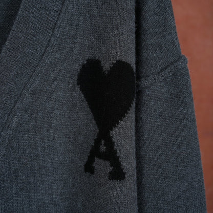 AMI Wool Black Heart V-Neck Knit Cardigan Unisex Loose Fit