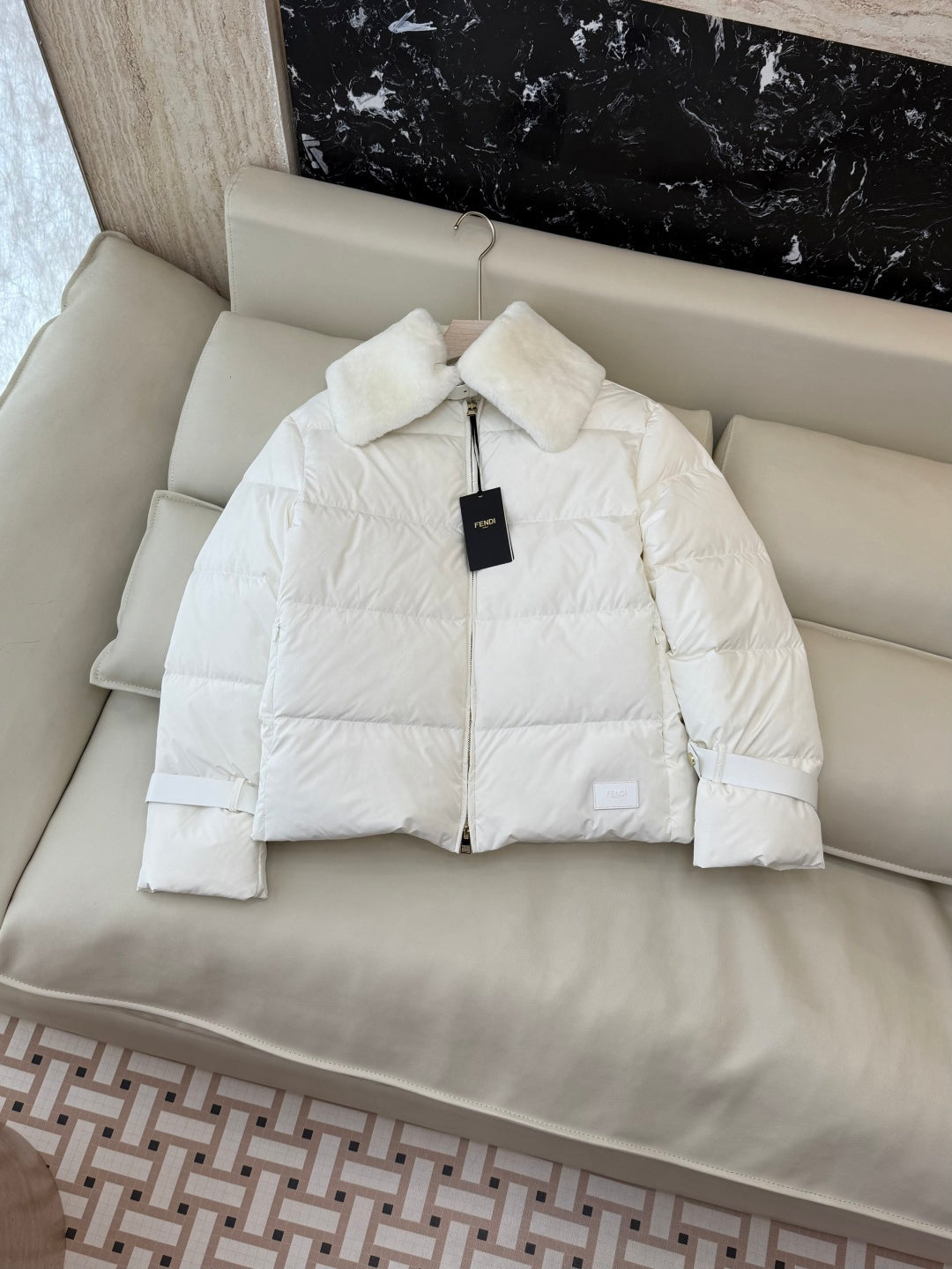 White Puffer Jacket with Luxurious Fur Collar