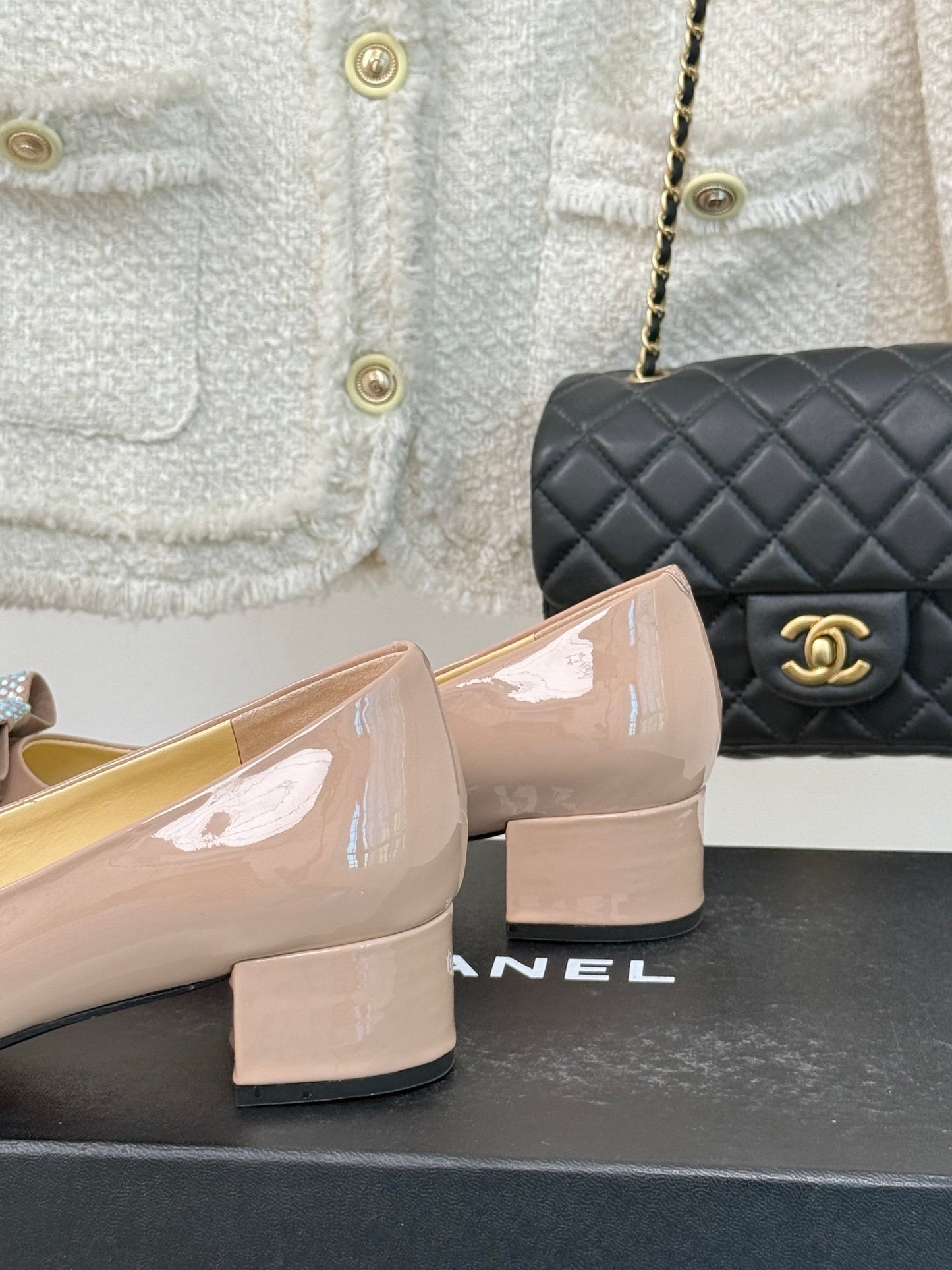 CHANEL 25C Rhinestone Bow Chunky Heel Pumps