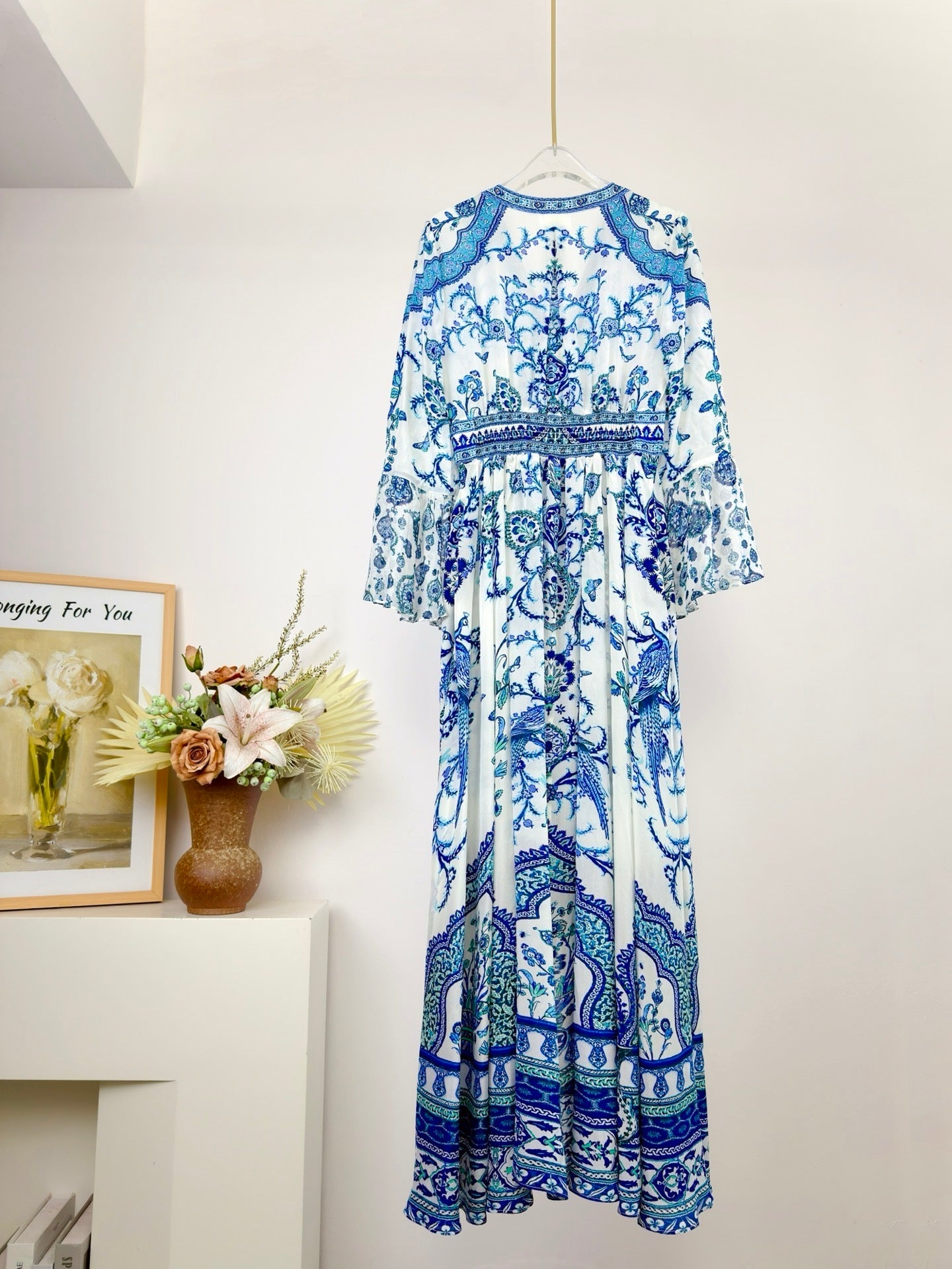 Autumn/Winter Silk Printed V-Neck Long Dress