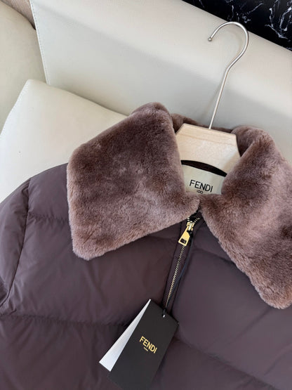 Chocolate Down Jacket with Fur Trim