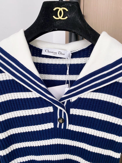 Dior 2025 Two-Tone Navy Collar Long Sleeve Top