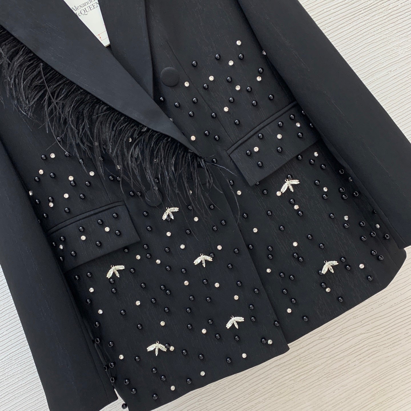 Ostrich Feather Trim Beaded Bee Suit Jacket Double-Breasted