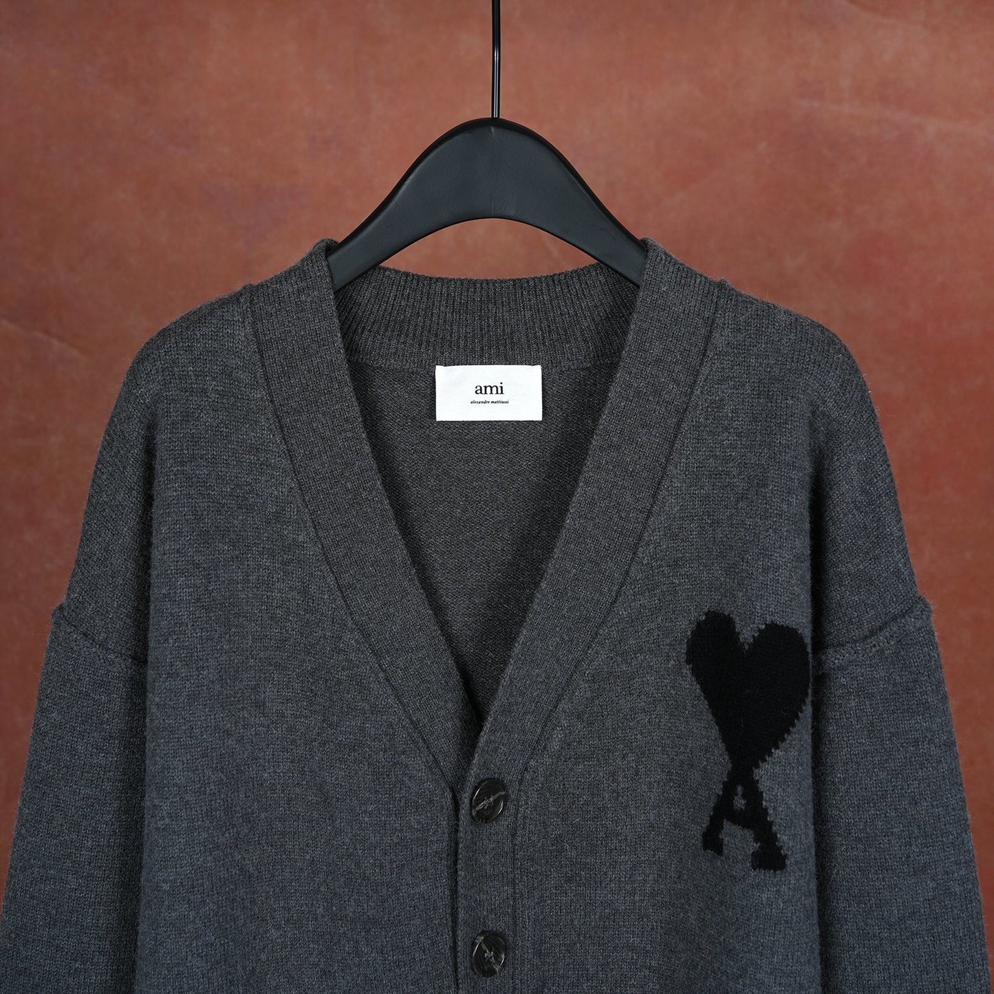 AMI Wool Black Heart V-Neck Knit Cardigan Unisex Loose Fit