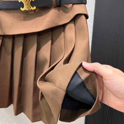 Patchwork Ruffled Pleated Midi Skirt Faux Two-Piece