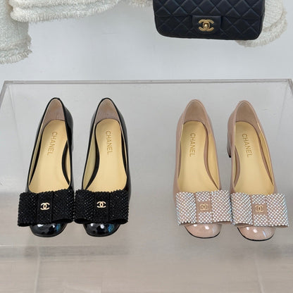 CHANEL 25C Rhinestone Bow Chunky Heel Pumps