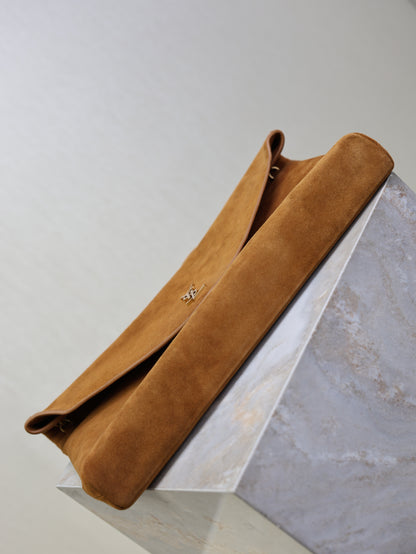 Saint Laurent Cassandre Suede Pouch on Chain – Brown