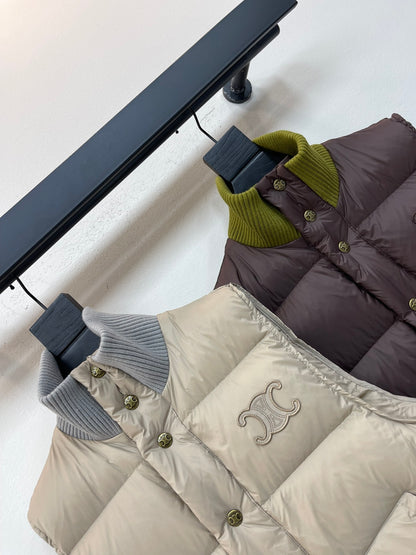 Ribbed Stand Collar Color-Blocked Cotton Vest