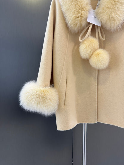 Elegant Wool Coat with Detachable White Fox Fur Collar