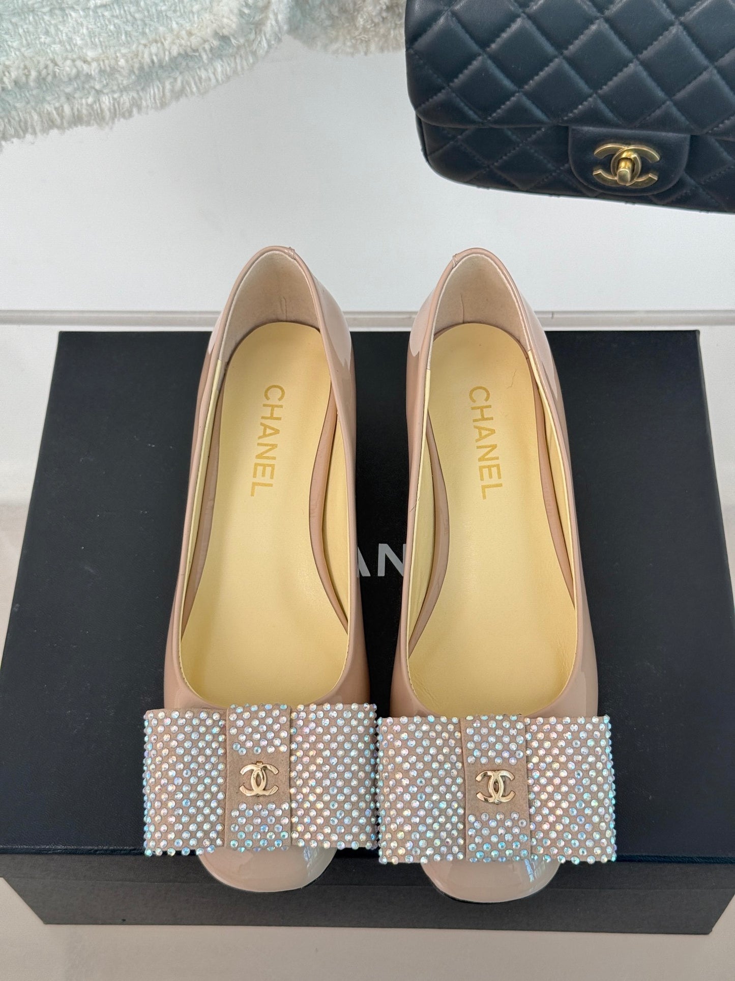 CHANEL 25C Rhinestone Bow Chunky Heel Pumps