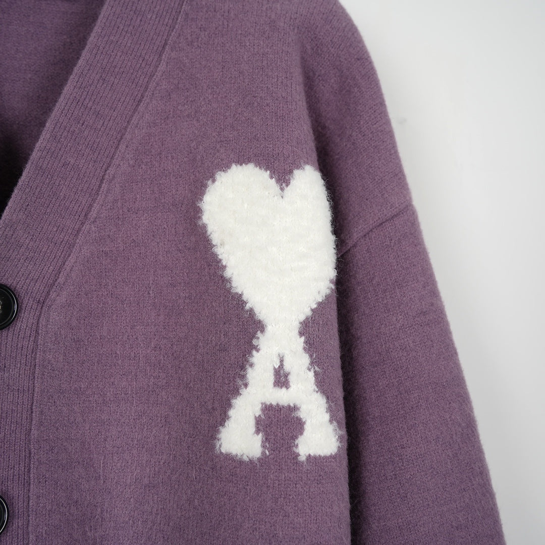 Ami Alpaca Wool White Heart Cardigan Unisex Loose Fit