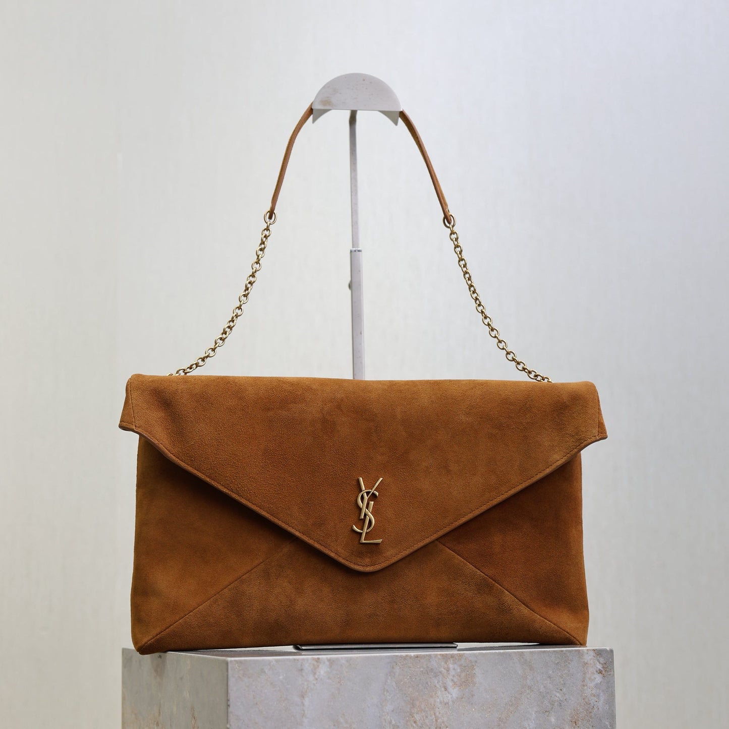 Saint Laurent Cassandre Suede Pouch on Chain – Brown