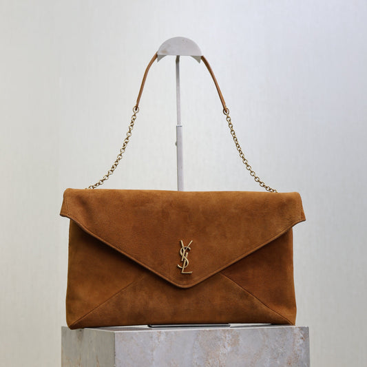 Saint Laurent Cassandre Suede Pouch on Chain – Brown