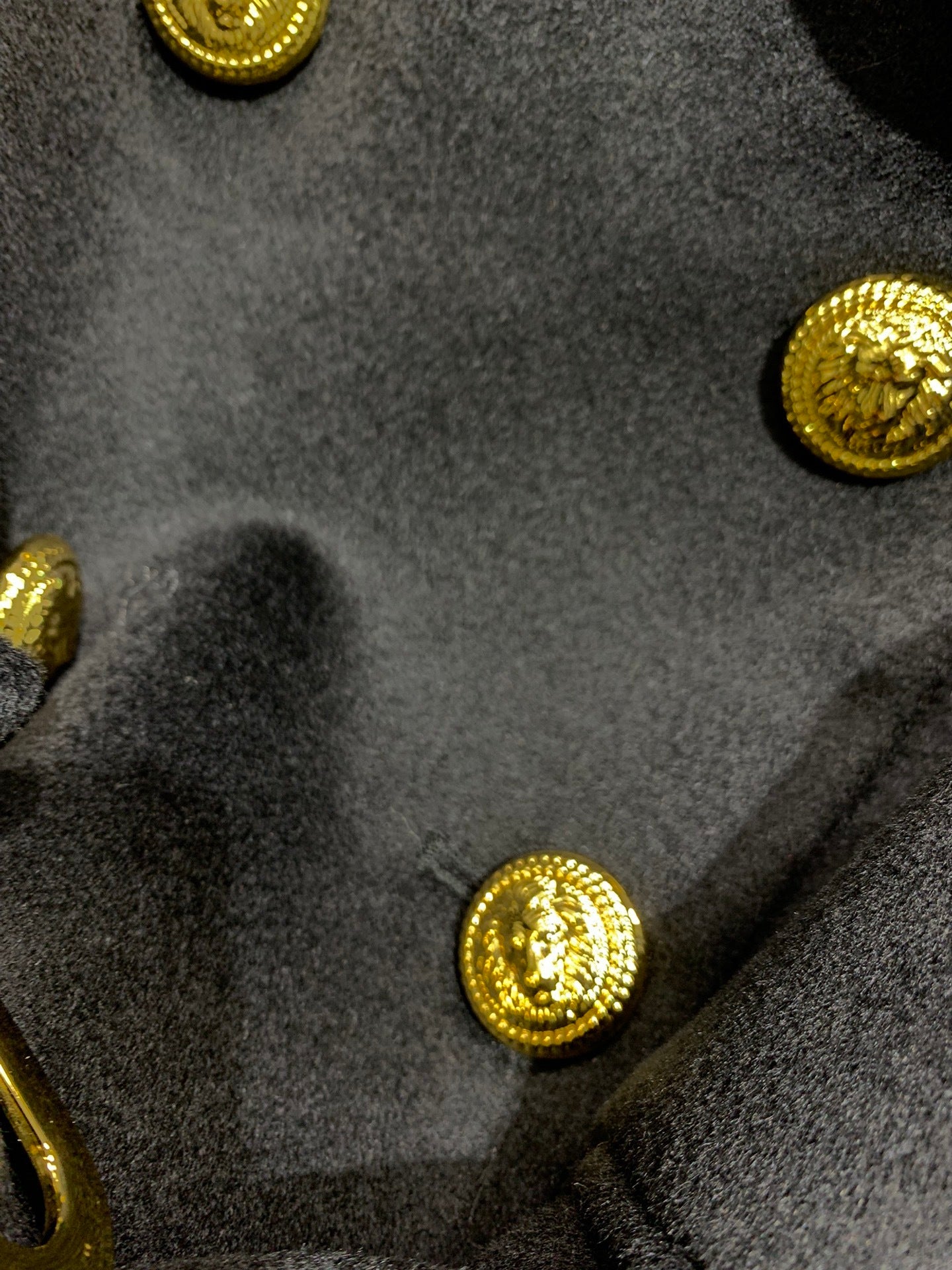 Double-Breasted Black Wool Coat with Gold Buttons & Belt