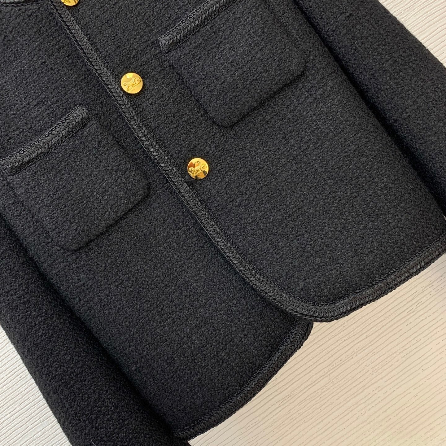 Black Round-Neck Short Jacket Gold Buttons