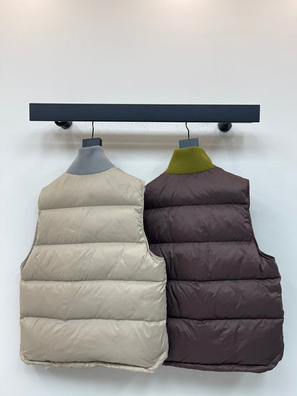 Ribbed Stand Collar Color-Blocked Cotton Vest