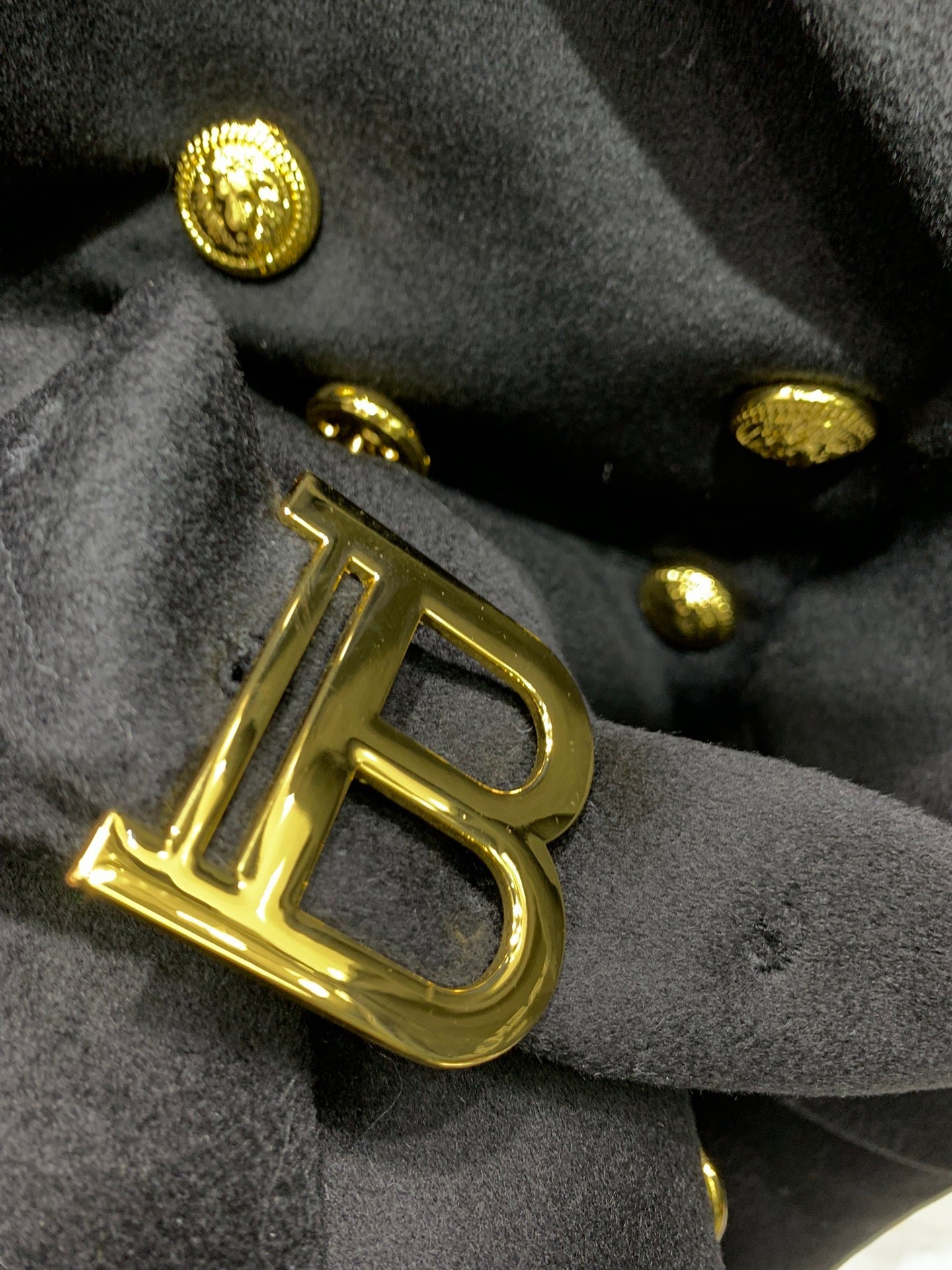 Double-Breasted Black Wool Coat with Gold Buttons & Belt