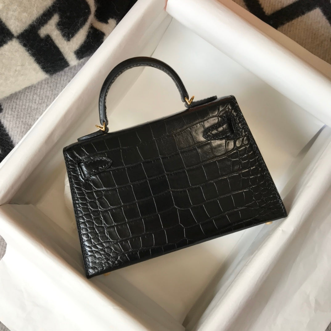 Hermès Kelly Mini 20 Black Shiny Alligator Gold Hardware