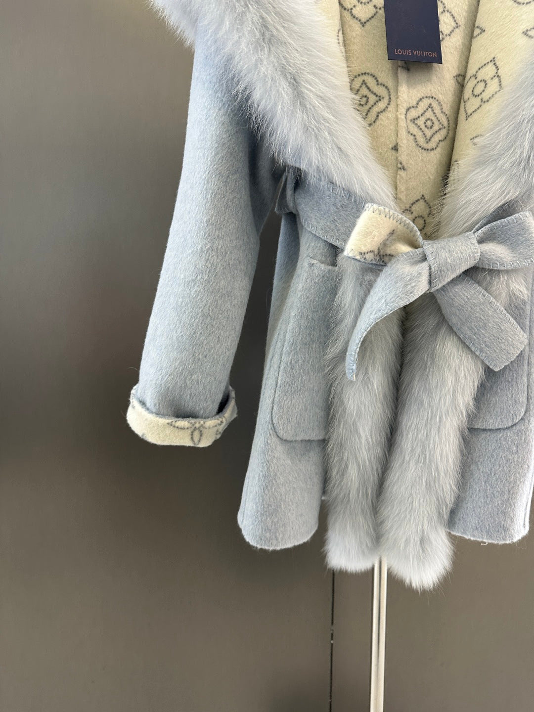 LV AW Wool Coat with Imported White Fox Fur Collar