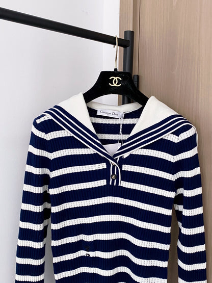 Dior 2025 Two-Tone Navy Collar Long Sleeve Top
