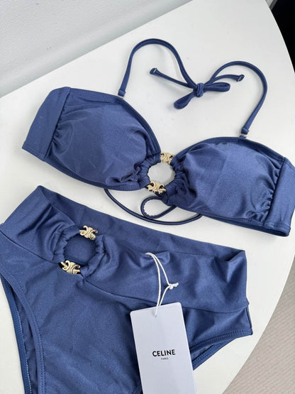 Satin Strapless Bikini Swimsuit Metal Buckles & Logo