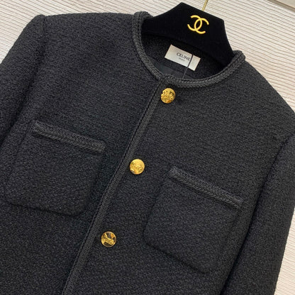 Black Round-Neck Short Jacket Gold Buttons