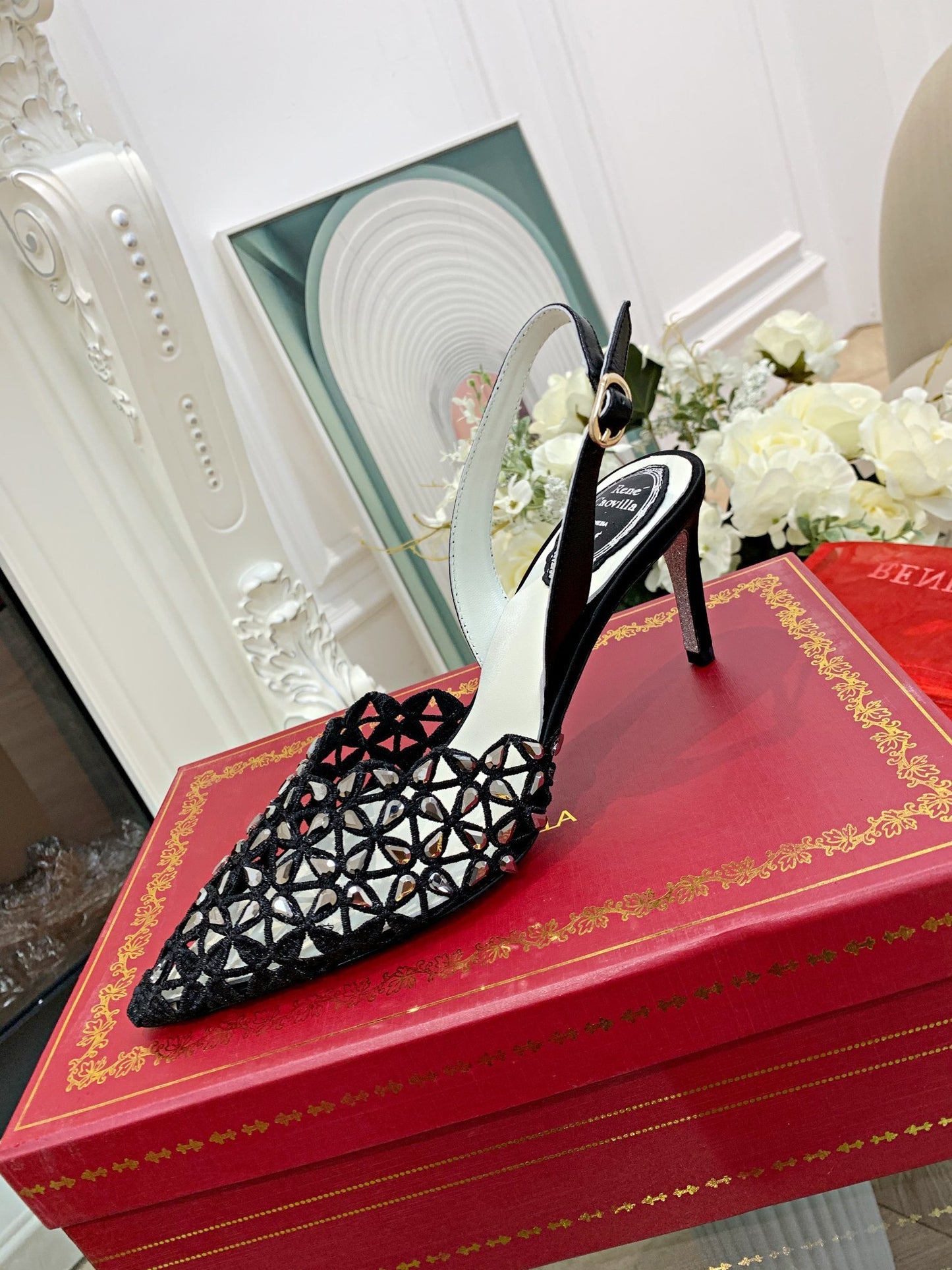 Rene Caovilla Pointed-Toe Lace Rhinestone High Heels