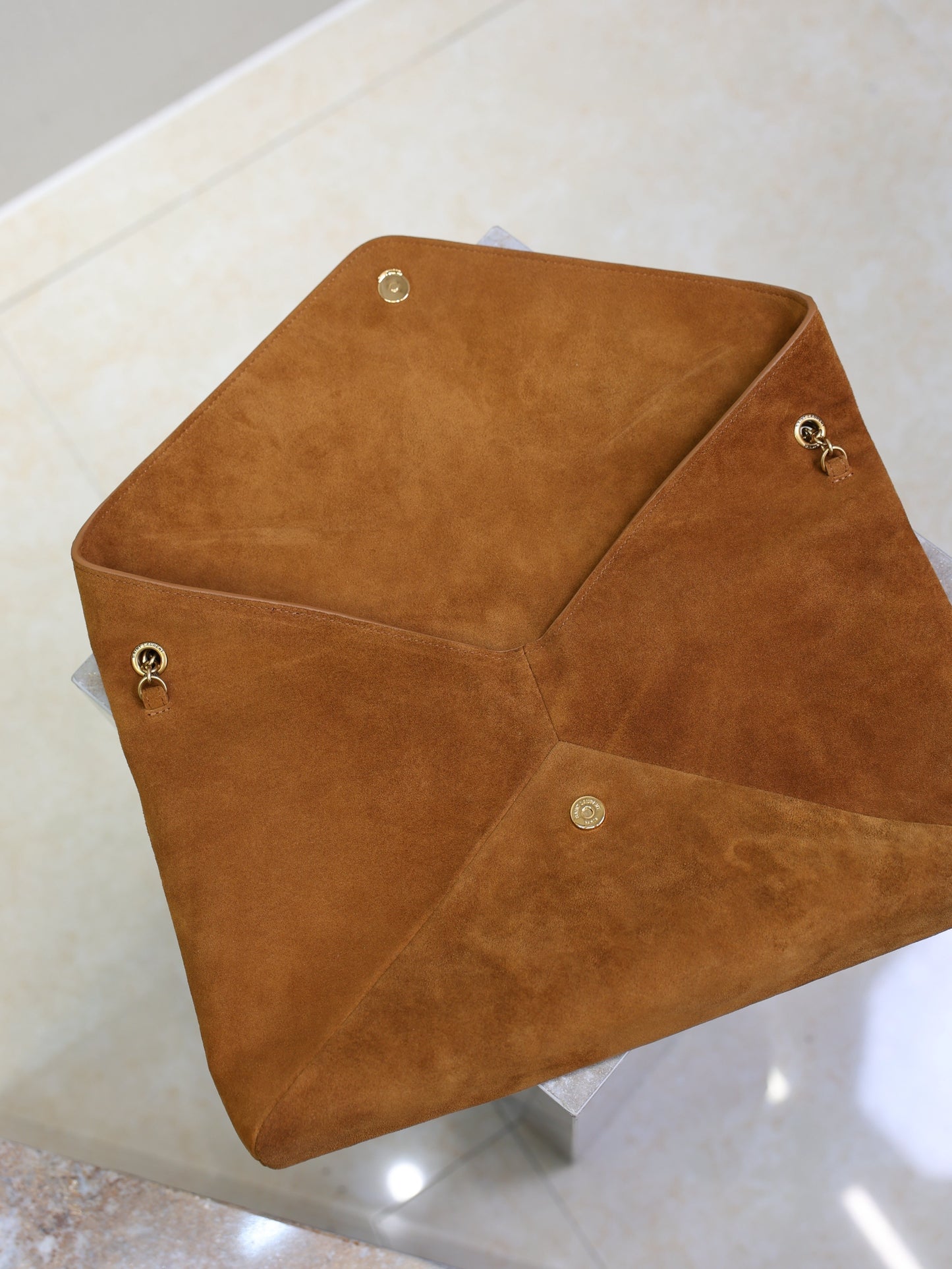 Saint Laurent Cassandre Suede Pouch on Chain – Brown