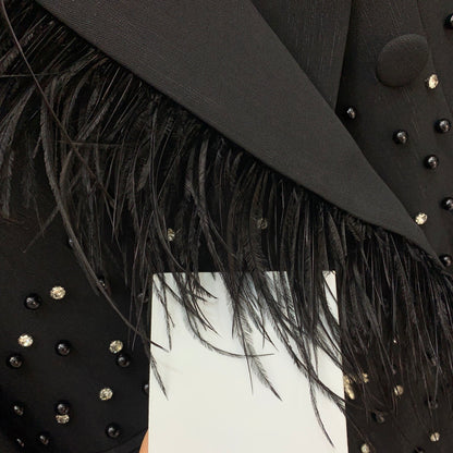 Ostrich Feather Trim Beaded Bee Suit Jacket Double-Breasted