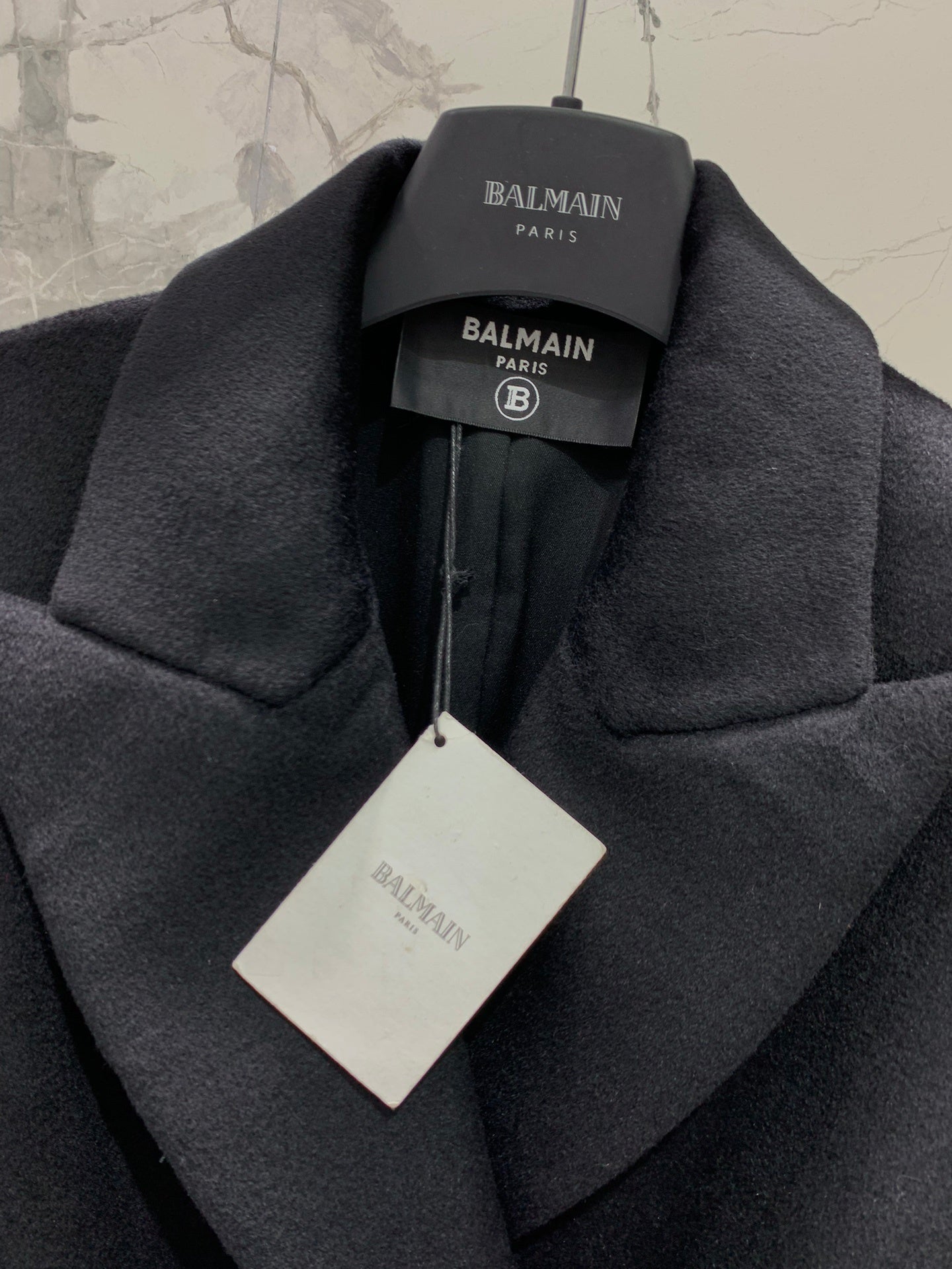 Double-Breasted Black Wool Coat with Gold Buttons & Belt