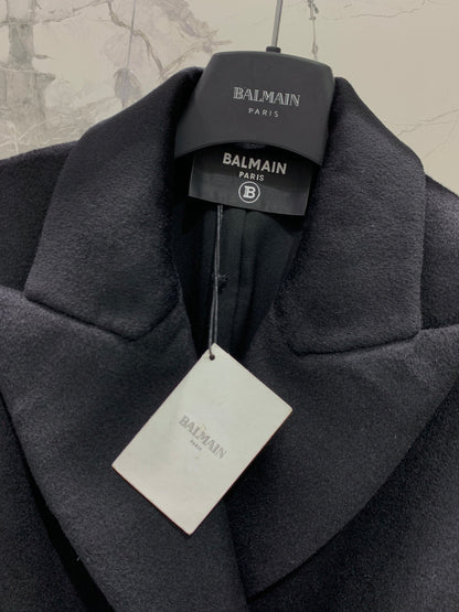 Double-Breasted Black Wool Coat with Gold Buttons & Belt