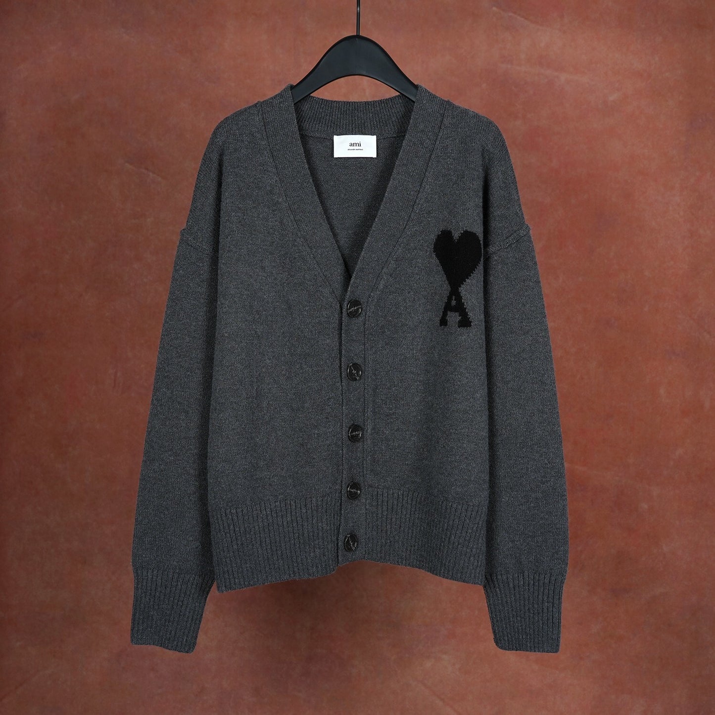 AMI Wool Black Heart V-Neck Knit Cardigan Unisex Loose Fit