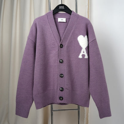 Ami Alpaca Wool White Heart Cardigan Unisex Loose Fit