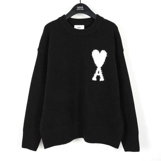 Ami Alpaca Wool White Heart Crew Neck Pullover