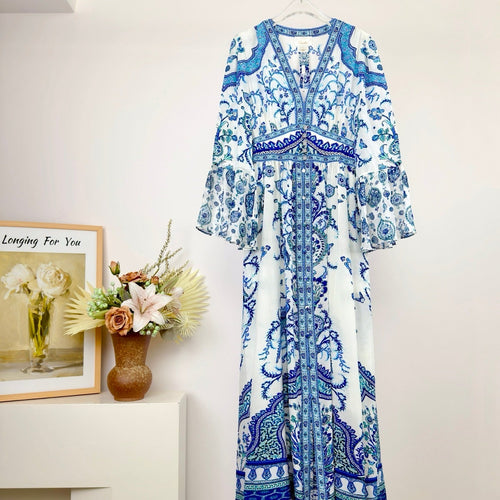 Autumn/Winter Silk Printed V-Neck Long Dress