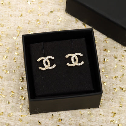 Double C Half Diamonds Gold Earrings
