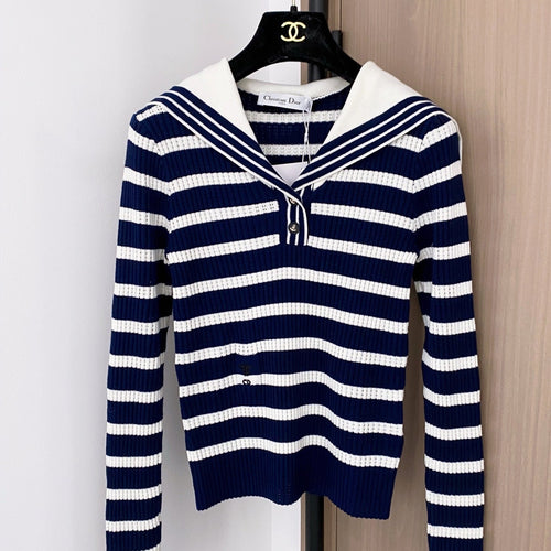 Dior 2025 Two-Tone Navy Collar Long Sleeve Top