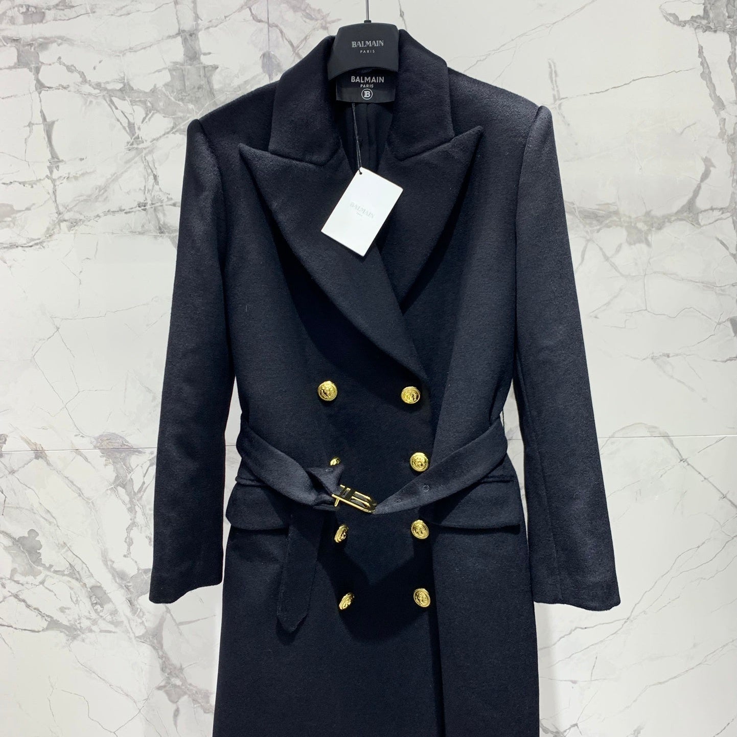 Double-Breasted Black Wool Coat with Gold Buttons & Belt