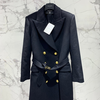 Double-Breasted Black Wool Coat with Gold Buttons & Belt