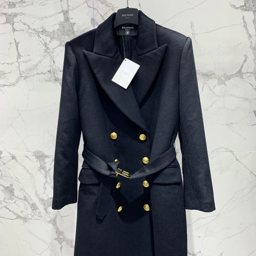 Double-Breasted Black Wool Coat with Gold Buttons & Belt
