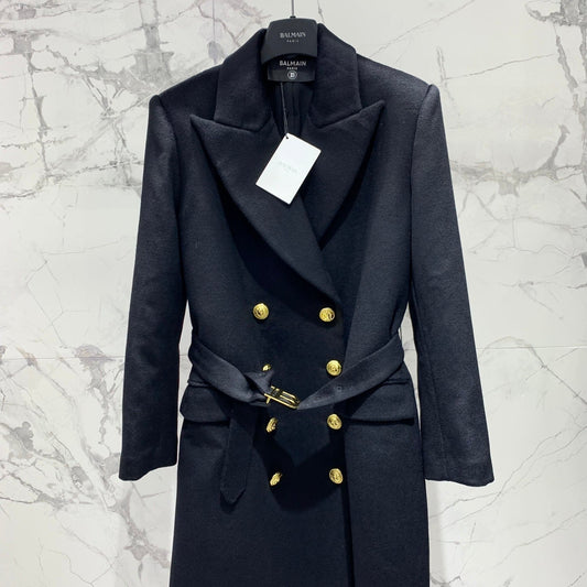 Double-Breasted Black Wool Coat with Gold Buttons & Belt