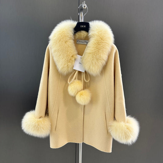 Elegant Wool Coat with Detachable White Fox Fur Collar