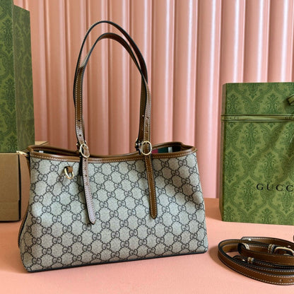 Gucci GG Emblem Small Tote Bag Beige Ebony Leather