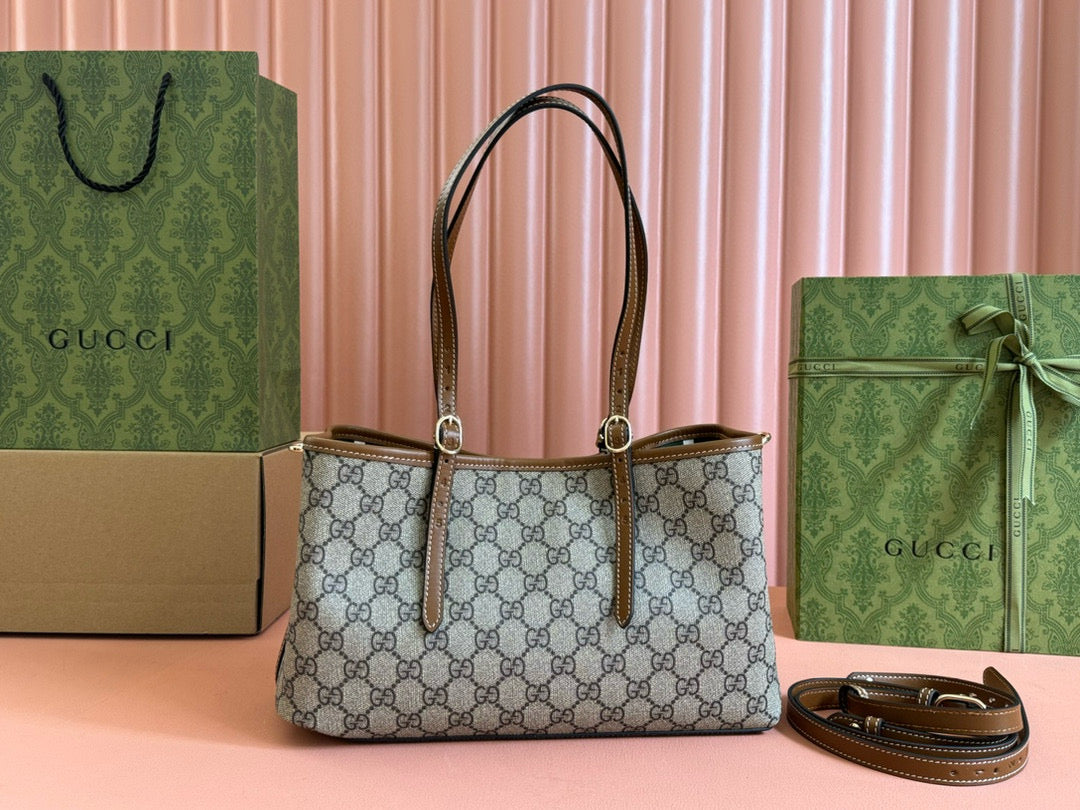 Gucci GG Emblem Small Tote Bag Beige Ebony Leather