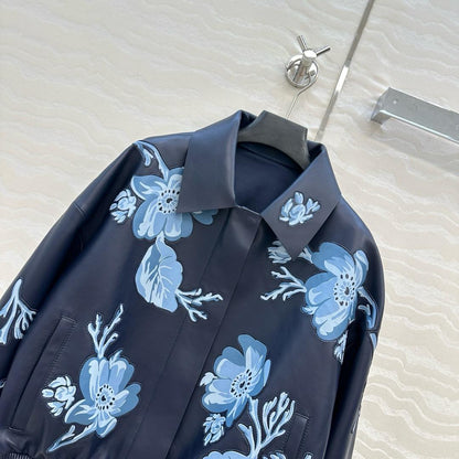 Leather Jacket with Floral Embroidery