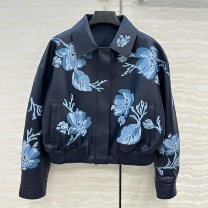 Leather Jacket with Floral Embroidery