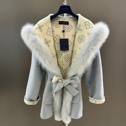 LV AW Wool Coat with Imported White Fox Fur Collar