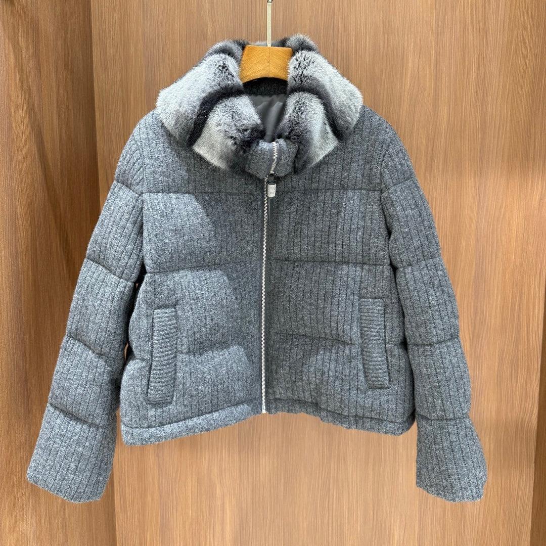 BC Mink-Collar Cashmere Knit Down Jacket